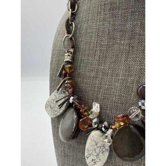 Laura Ashley Chain Leather Cord Statement Necklace Dangle Beads Marble Crystals - Picture 5 of 10